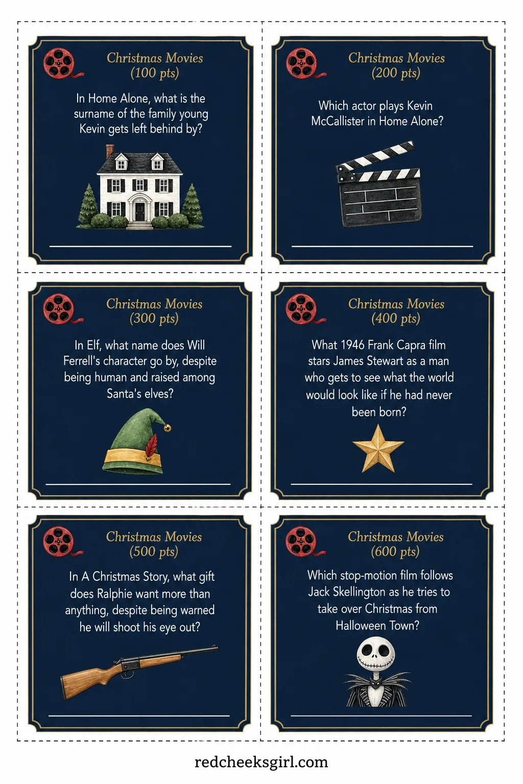 Christmas Movies Cards (Sheet 1) printable sheet. Christmas jeopardy questions and answers