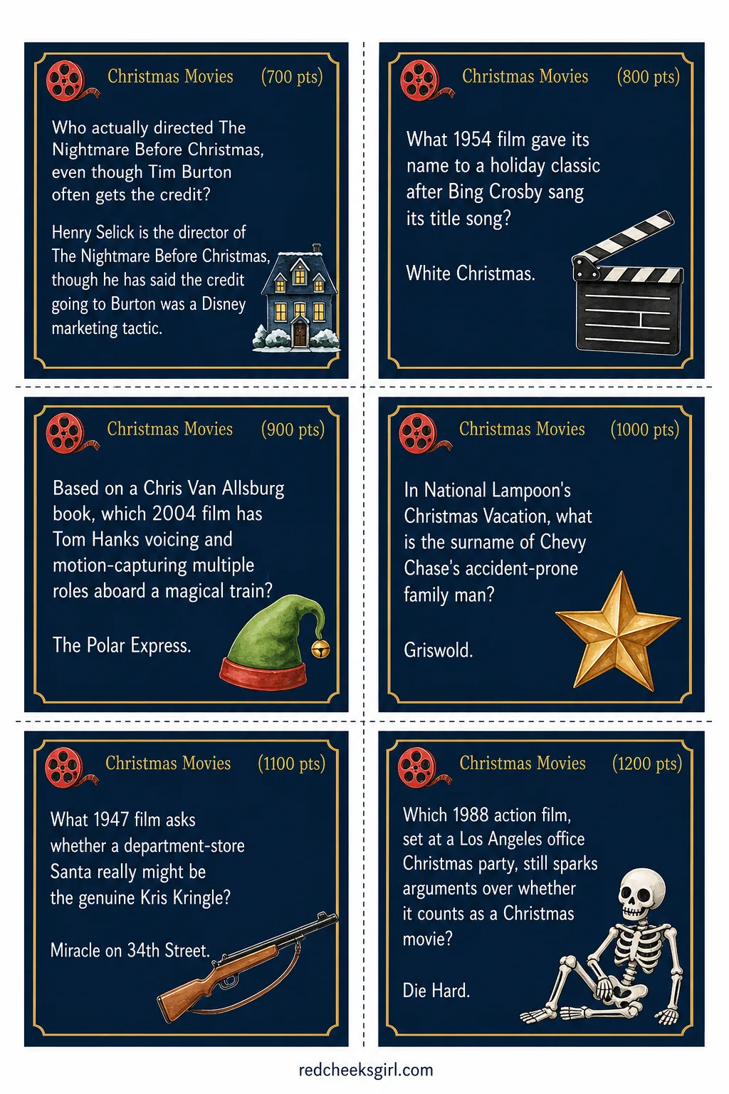 Christmas Movies Cards (Sheet 2) printable sheet. Christmas jeopardy questions and answers