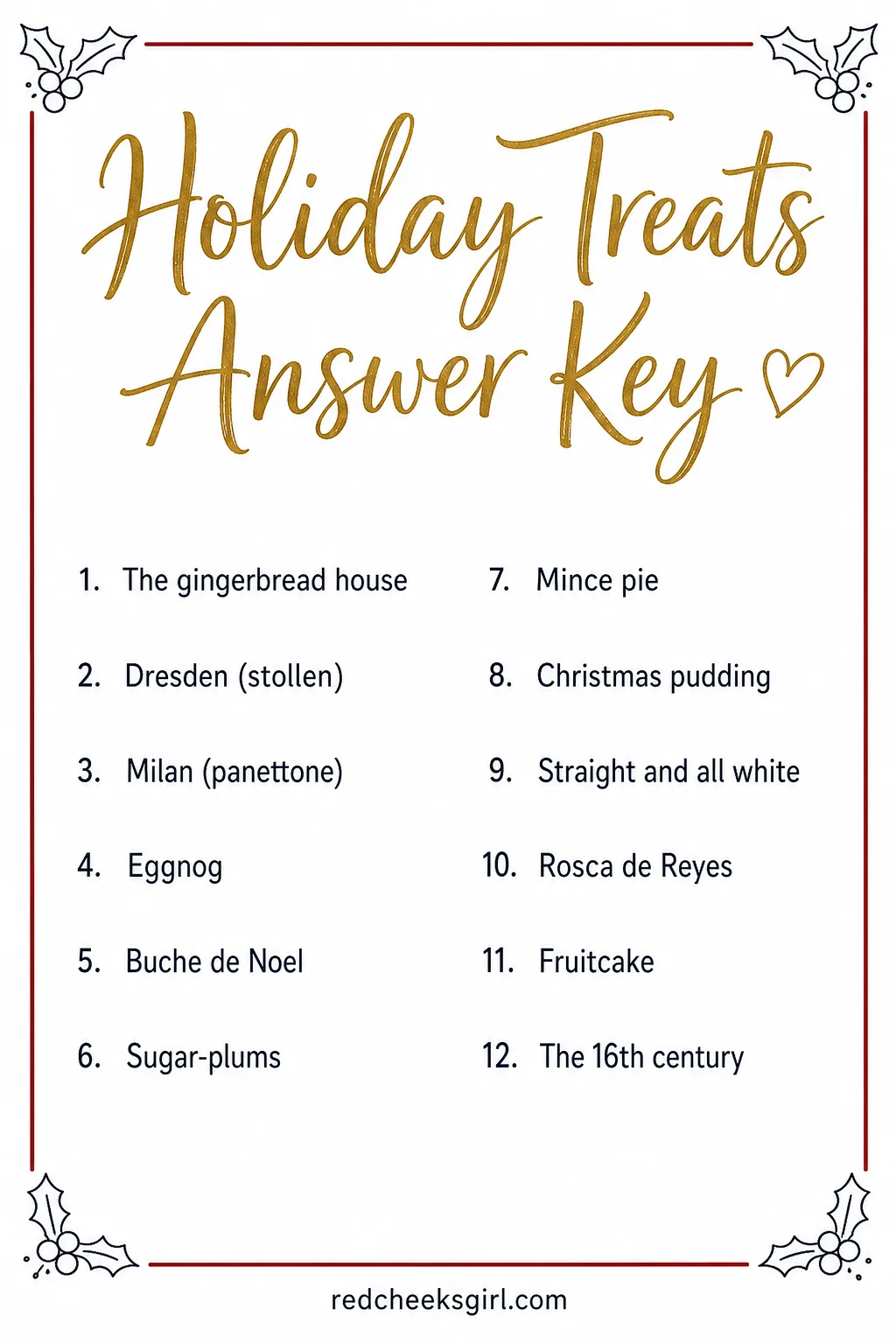 Holiday Treats Answer Key printable sheet. Christmas jeopardy questions and answers