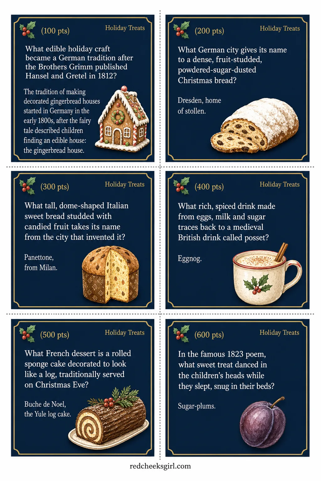 Holiday Treats Cards (Sheet 1) printable sheet. Christmas jeopardy questions and answers