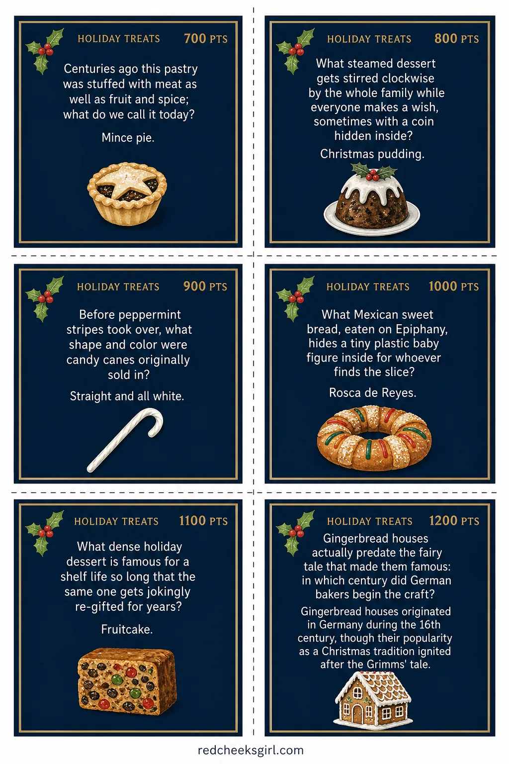 Holiday Treats Cards (Sheet 2) printable sheet. Christmas jeopardy questions and answers