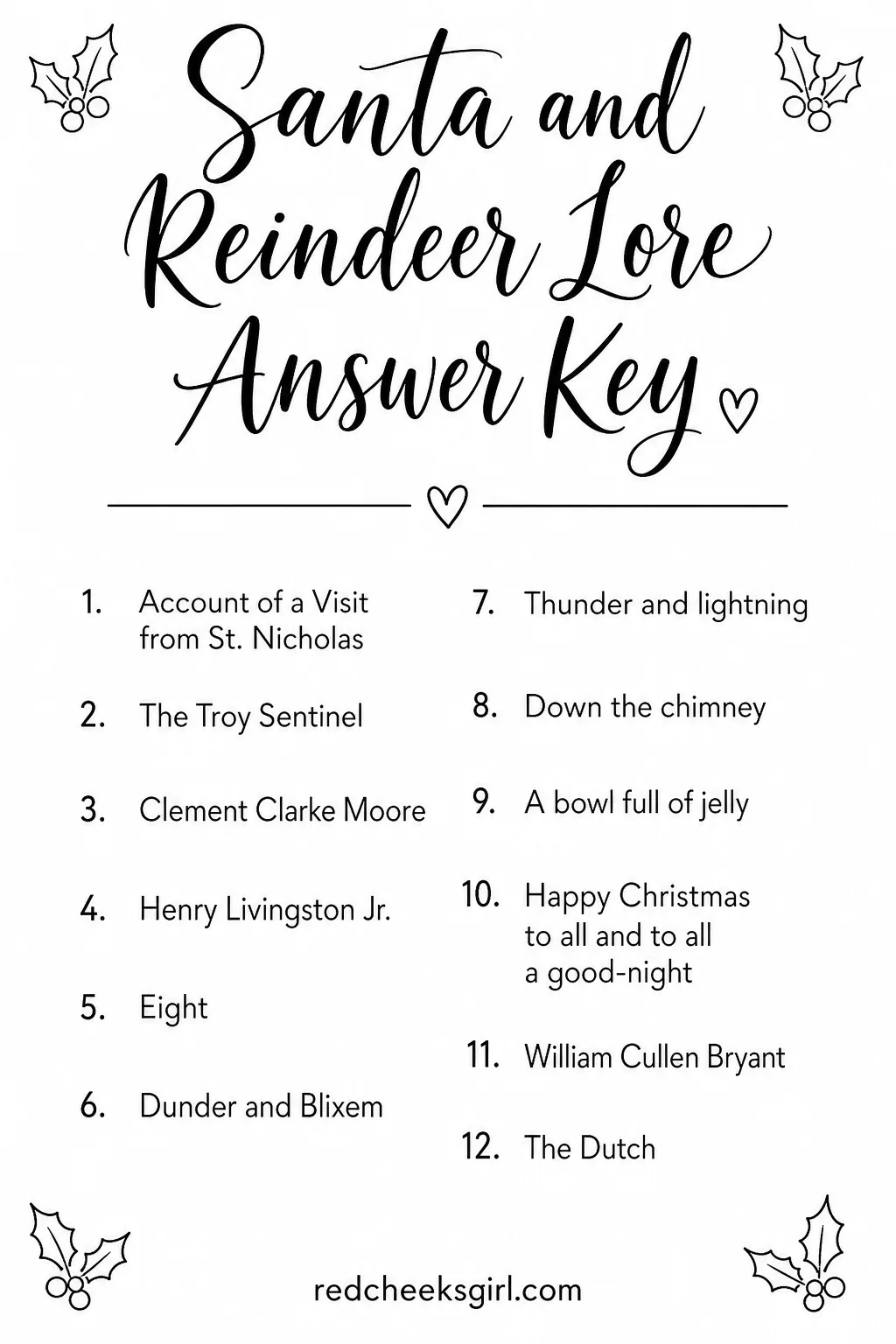 Santa and Reindeer Lore Answer Key printable sheet. Christmas jeopardy questions and answers