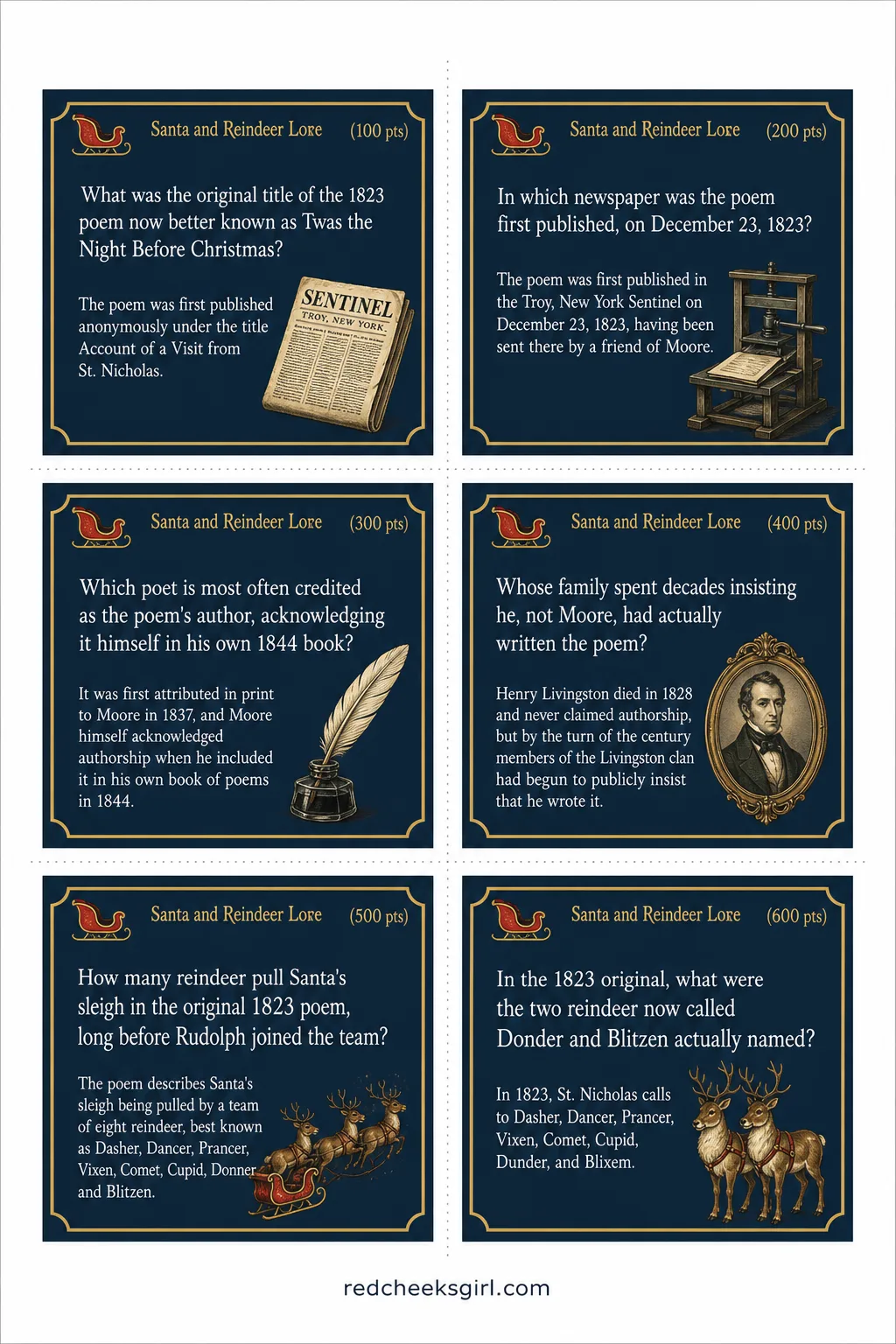 Santa and Reindeer Lore Cards (Sheet 1) printable sheet. Christmas jeopardy questions and answers