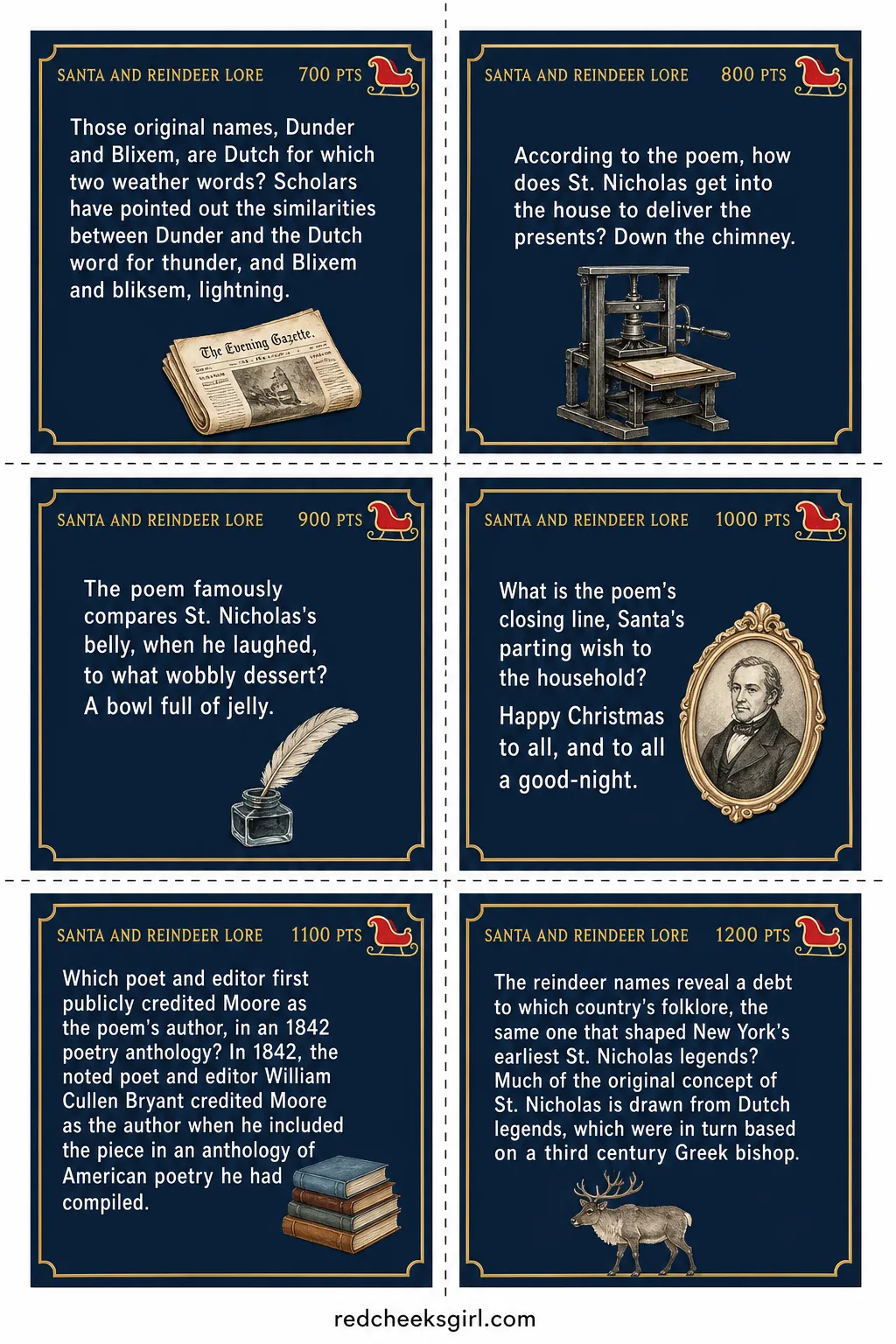 Santa and Reindeer Lore Cards (Sheet 2) printable sheet. Christmas jeopardy questions and answers