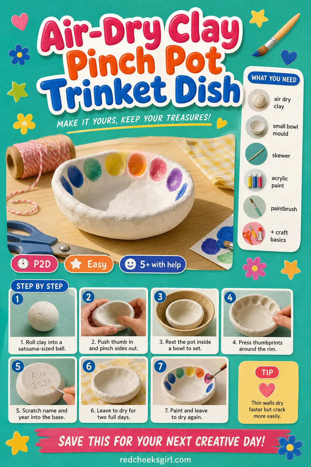 Air-Dry Clay Pinch Pot Trinket Dish Craft Card printable sheet — Printable card with finished pinch pot photo, timing, materials and pinching-to-painting