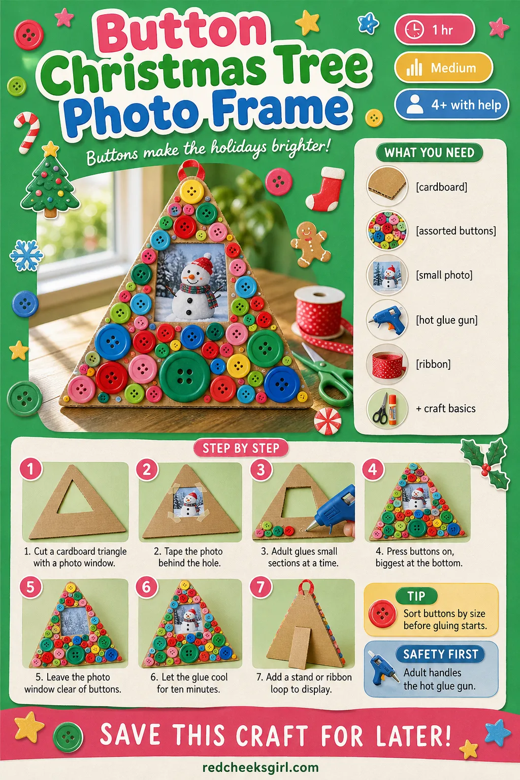 Button Christmas Tree Photo Frame Craft Card printable sheet — Printable card with finished button tree frame photo, timing, materials and gluing method.