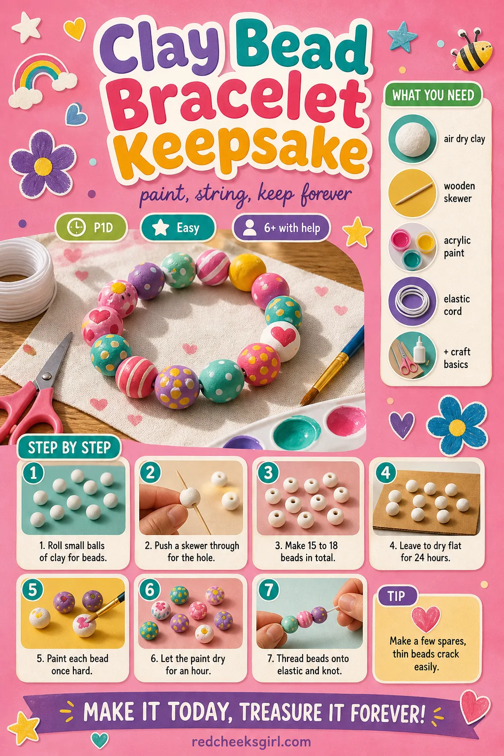 Clay Bead Bracelet Keepsake Craft Card printable sheet — Printable card with finished clay bead bracelet photo, timing, materials and threading method.