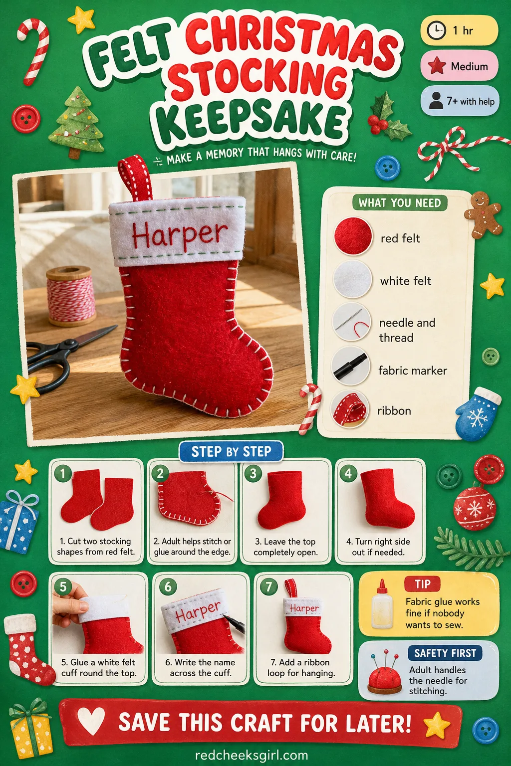 Felt Christmas Stocking Keepsake Craft Card printable sheet — Printable card with finished felt stocking photo, timing, materials and stitching method.