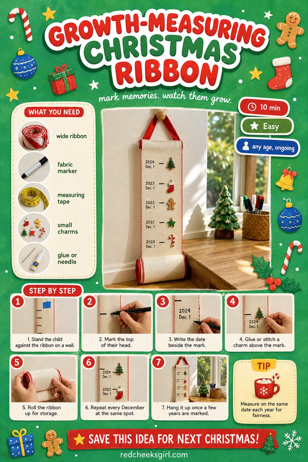 Growth-Measuring Christmas Ribbon Craft Card printable sheet — Printable card with finished measuring ribbon photo, timing, materials and marking method.