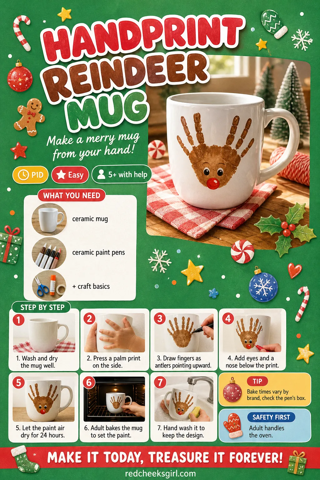 Handprint Reindeer Mug Craft Card printable sheet — Printable card with finished reindeer mug photo, timing, materials and baking method. Christmas keepsake