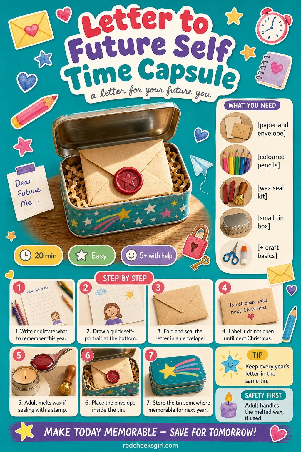 Letter to Future Self Time Capsule Craft Card printable sheet — Printable card with finished sealed letter and tin photo, timing, materials and writing method.
