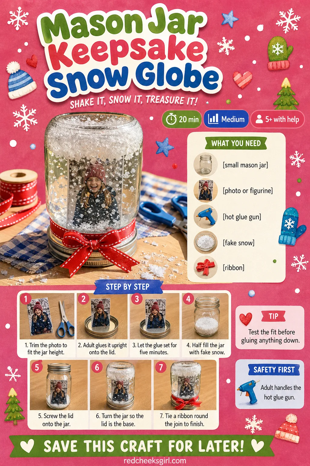 Mason Jar Keepsake Snow Globe Craft Card printable sheet — Printable card with finished mason jar snow globe photo, timing, materials and assembly method.