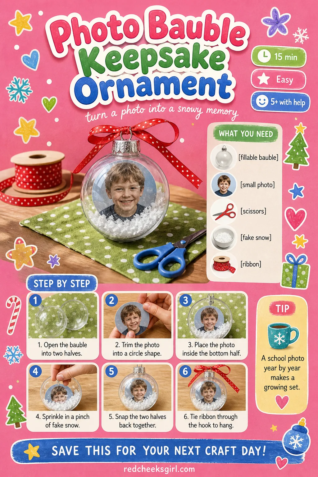Photo Bauble Keepsake Ornament Craft Card printable sheet — Printable card with finished photo bauble photo, timing, materials and assembly method. Christmas