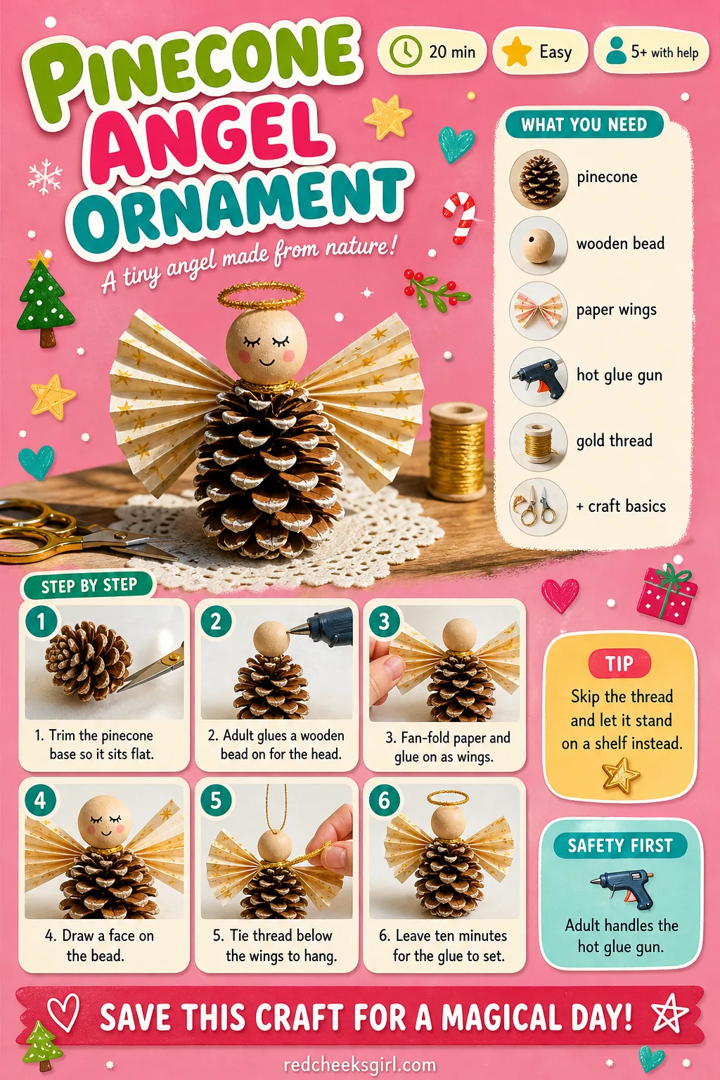 Pinecone Angel Ornament Craft Card printable sheet — Printable card with finished pinecone angel photo, timing, materials and assembly method. Christmas
