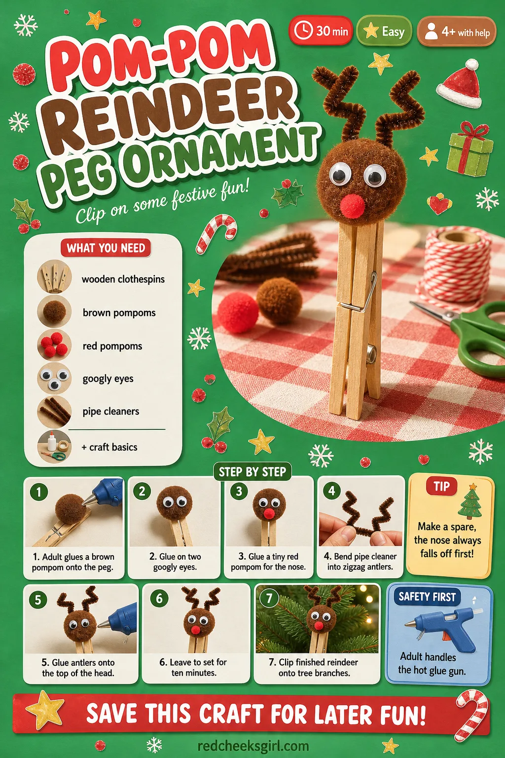 Pom-Pom Reindeer Peg Ornament Craft Card printable sheet — Printable card with finished pom-pom reindeer peg photo, timing, materials and gluing method.