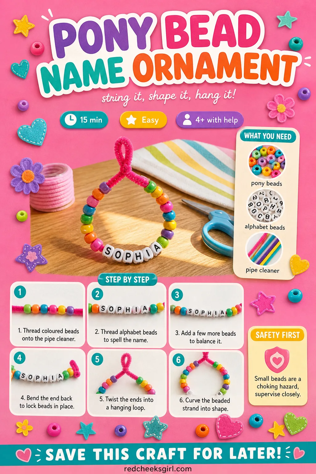 Pony Bead Name Ornament Craft Card printable sheet — Printable card with finished pony bead name ornament photo, timing, materials and threading method.