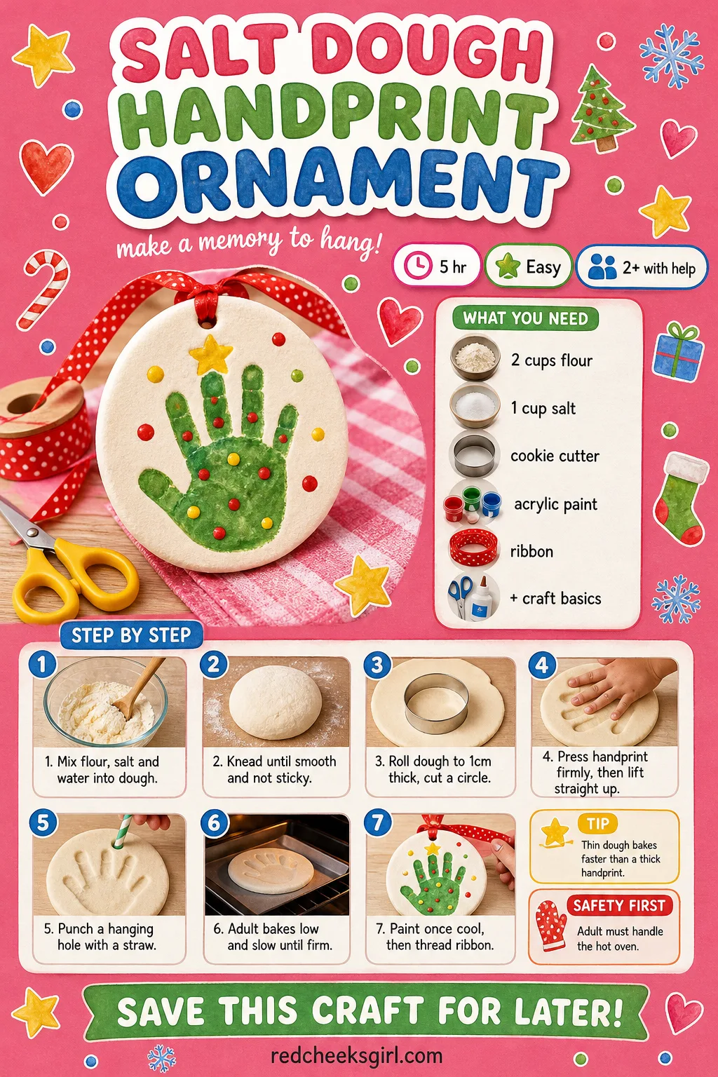 Salt Dough Handprint Ornament Craft Card printable sheet — Printable card with finished ornament photo, timing, materials and the full dough-to-tree method.