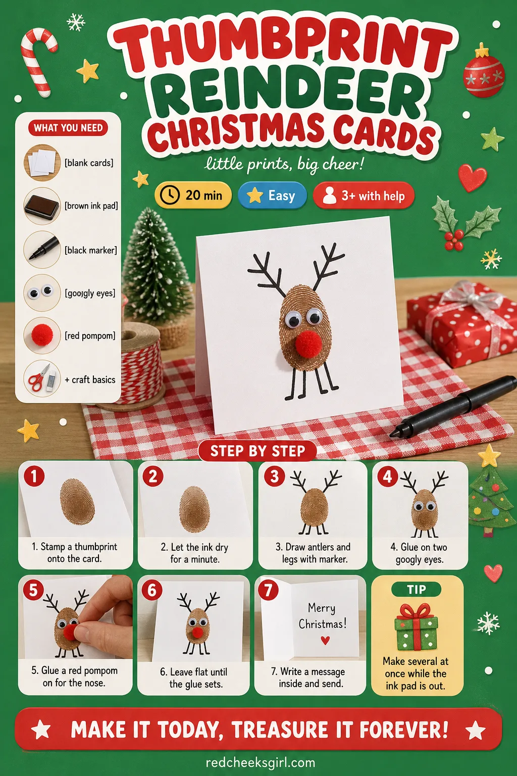 Thumbprint Reindeer Christmas Cards Craft Card printable sheet — Printable card with finished thumbprint reindeer card photo, timing, materials and stamping