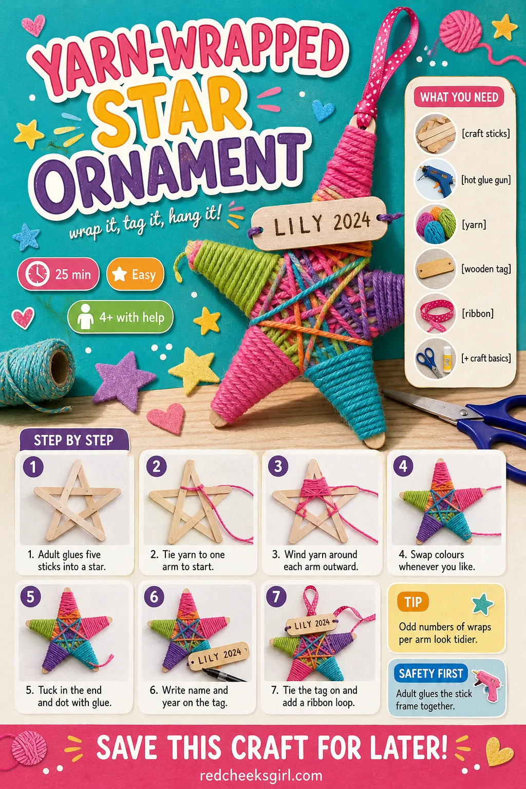 Yarn-Wrapped Star Ornament Craft Card printable sheet — Printable card with finished yarn star photo, timing, materials and wrapping method. Christmas keepsake