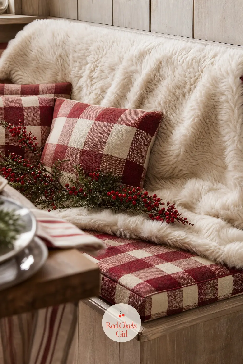 A Banquette Bench Cushioned in Cardinal Check and Piled With Faux Fur — A built in banquette bench gets a full seasonal change with one new cushion cover in a