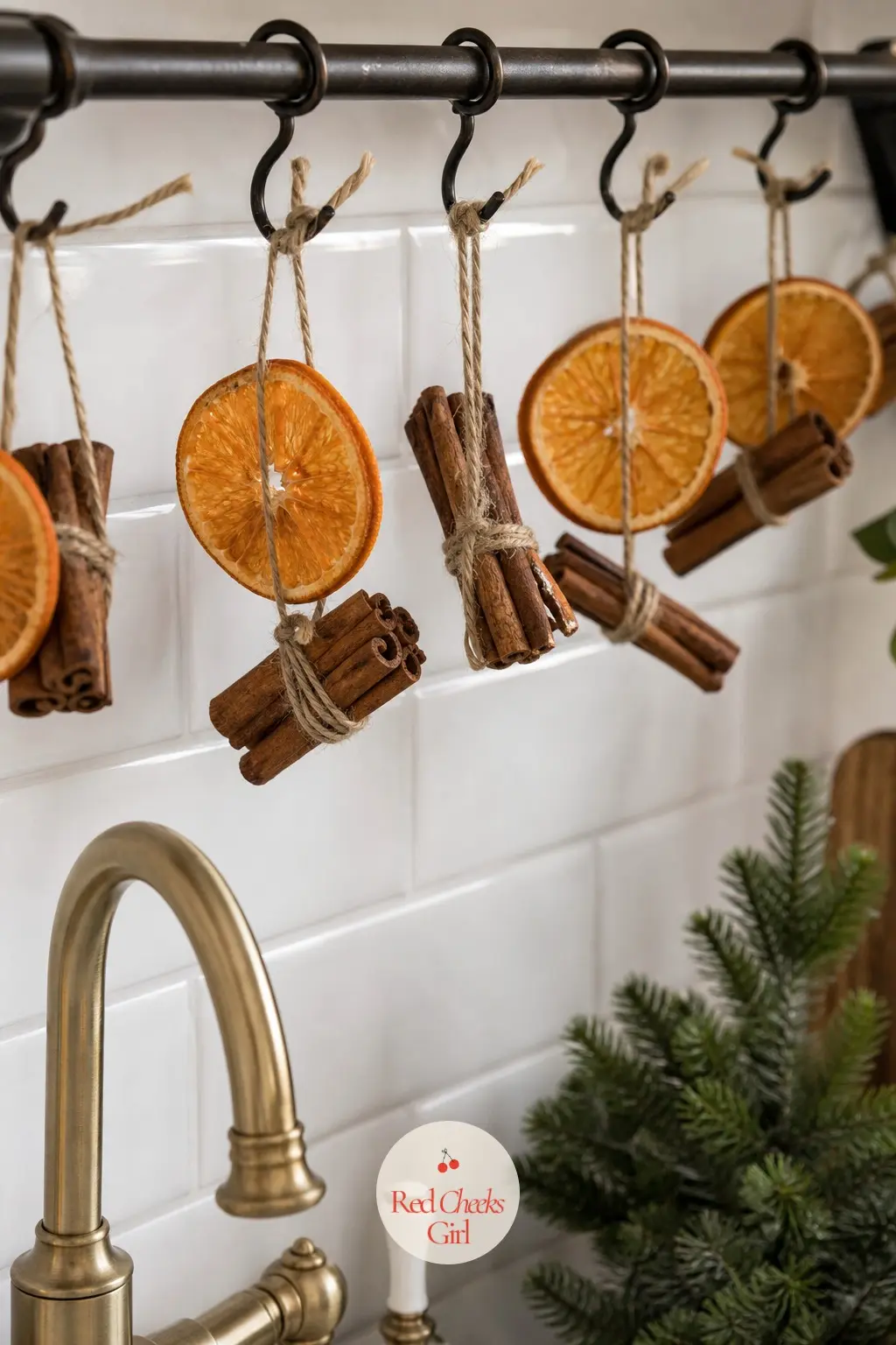 A Dried Orange and Cinnamon Stick Garland Strung Above the Kitchen Sink — A short garland of dried orange slices bundled with cinnamon sticks above the sink