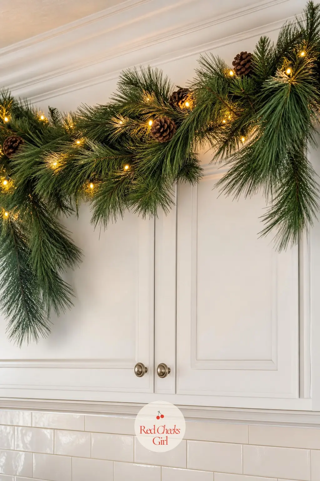 A Full Pine Garland Swagged Along the Upper Cabinet Crown — A pine garland swagged along the top of the upper cabinets does the work of decorating the whole