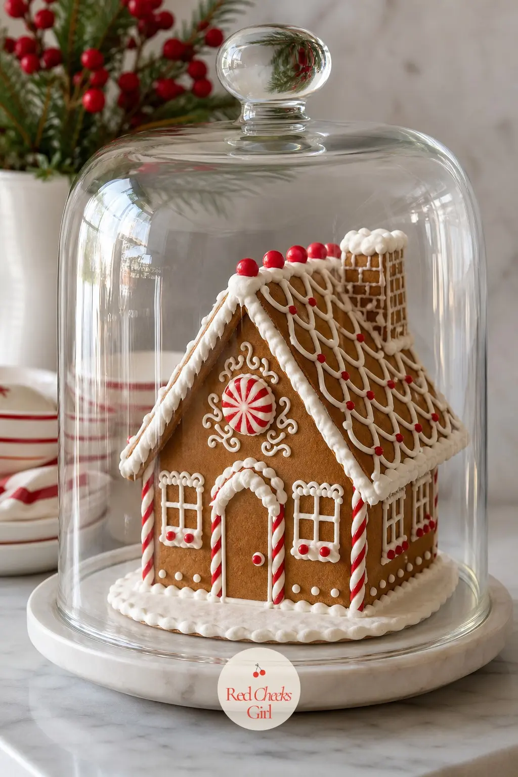 A Glass Cloche Sheltering a Single Decorated Gingerbread House — One small gingerbread house under a glass cloche gets more attention than a dozen left loose