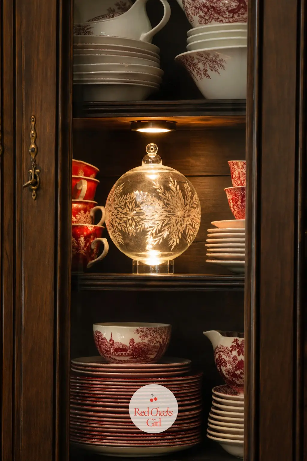 A Glass-Front Cabinet Styled With Stacked Red Christmas China and a Spotlit Glass Ornament — A glass-front cabinet is already half decorated before anything