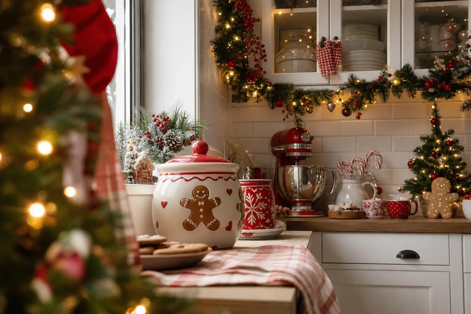 22 Christmas Kitchen Decor Ideas With Cookie Jars, Garland-Draped Cabinets and Cocoa Corners