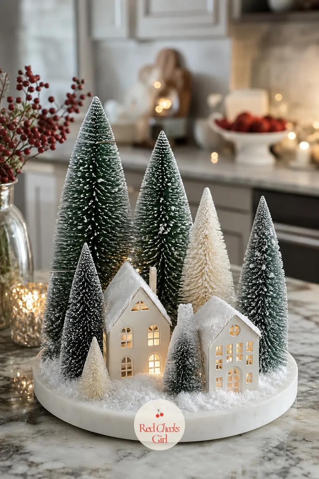 A Marble Board Styled as a Tiny Snow Village With Bottlebrush Trees — A plain marble board becomes a whole scene once a cluster of green and white bottlebrush