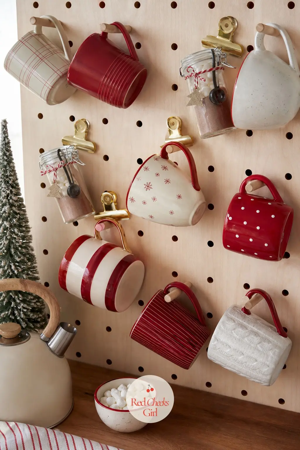 A Pegboard Wall Hung With Mismatched Mugs and Clipped Cocoa Jars — A length of pegboard mounted above the counter turns a cocoa corner into something that