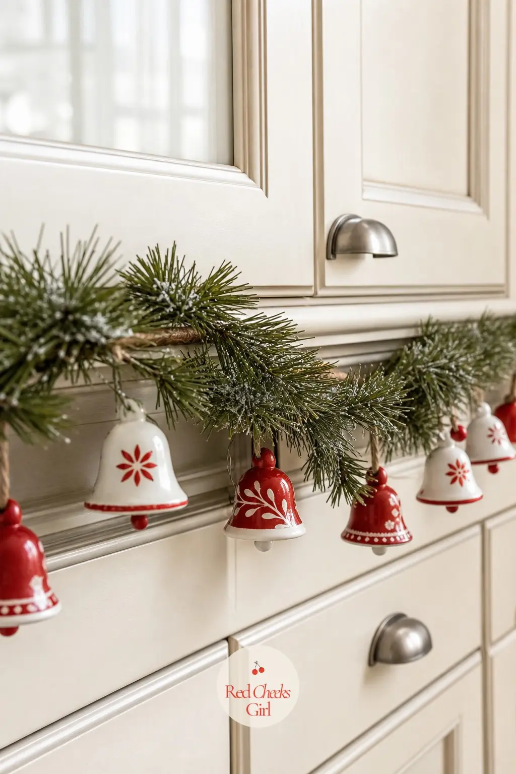 A Pine Garland Threaded With Painted Ceramic Bells Along the Lower Cabinet Rail — A shorter run of garland along the lower cabinet rail keeps the detail closer