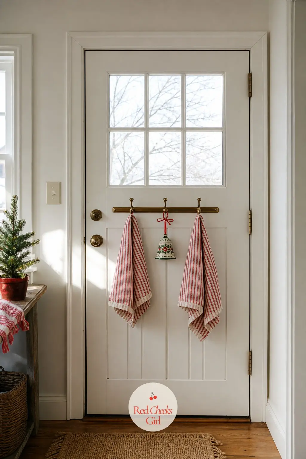 A Row of Brass Hooks by the Back Door Hung With Striped Towels and a Painted Glass Bell — The hooks by the back door are seen every single time someone comes