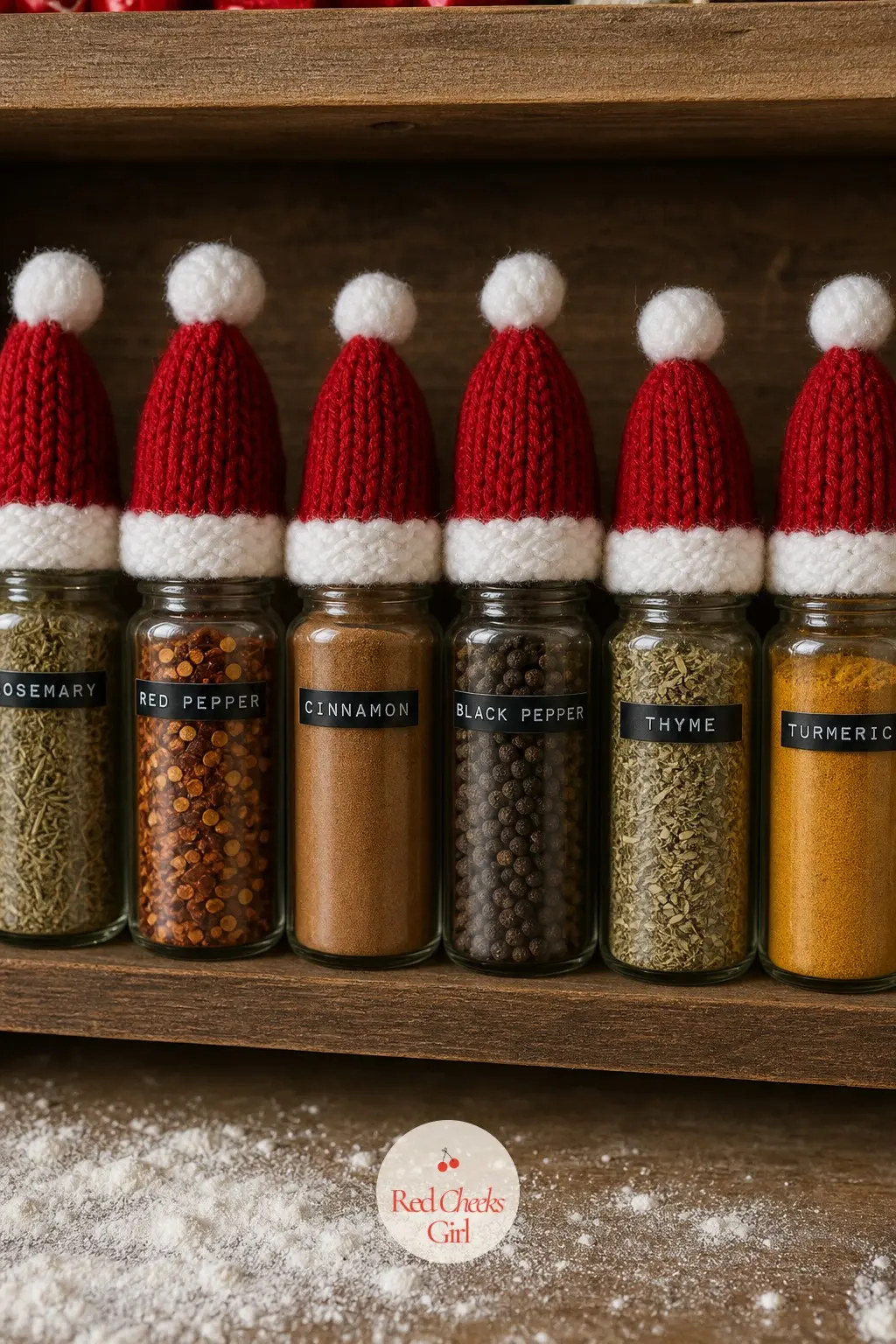 A Row of Spice Jars Topped With Mini Knit Santa Hats — The spice jars already lined up by the stove get a whole new personality once each lid wears a tiny knit
