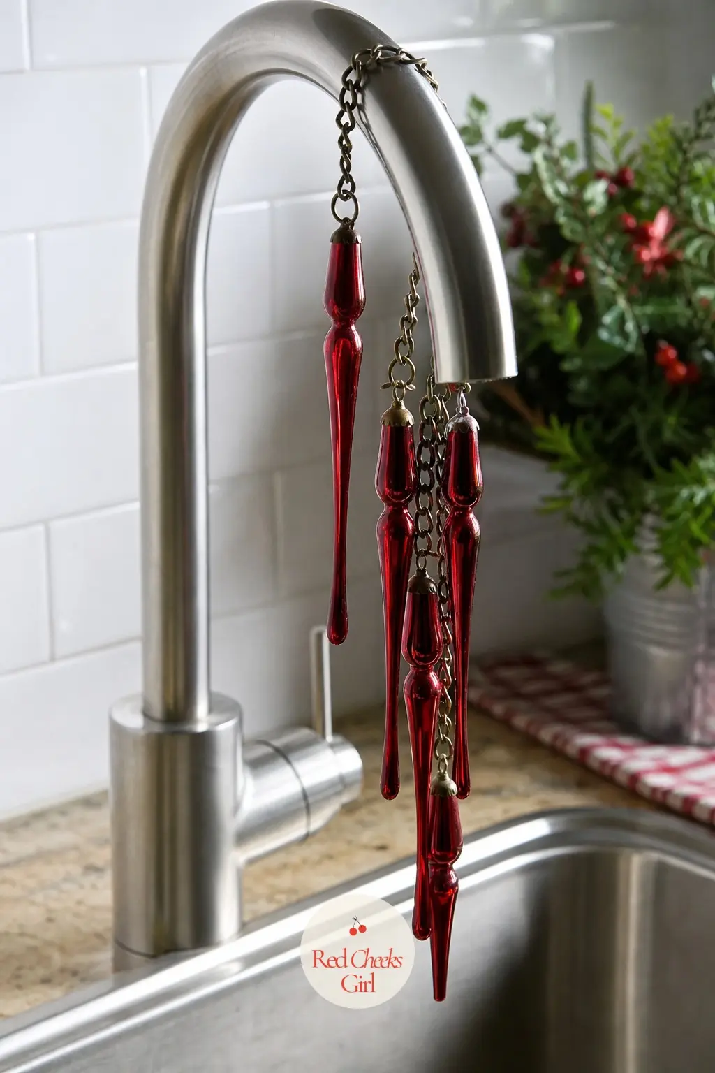 A Strand of Cranberry Glass Icicles Hung From the Faucet Arc — The curve of the kitchen faucet is an odd little spot that almost nobody decorates, which is