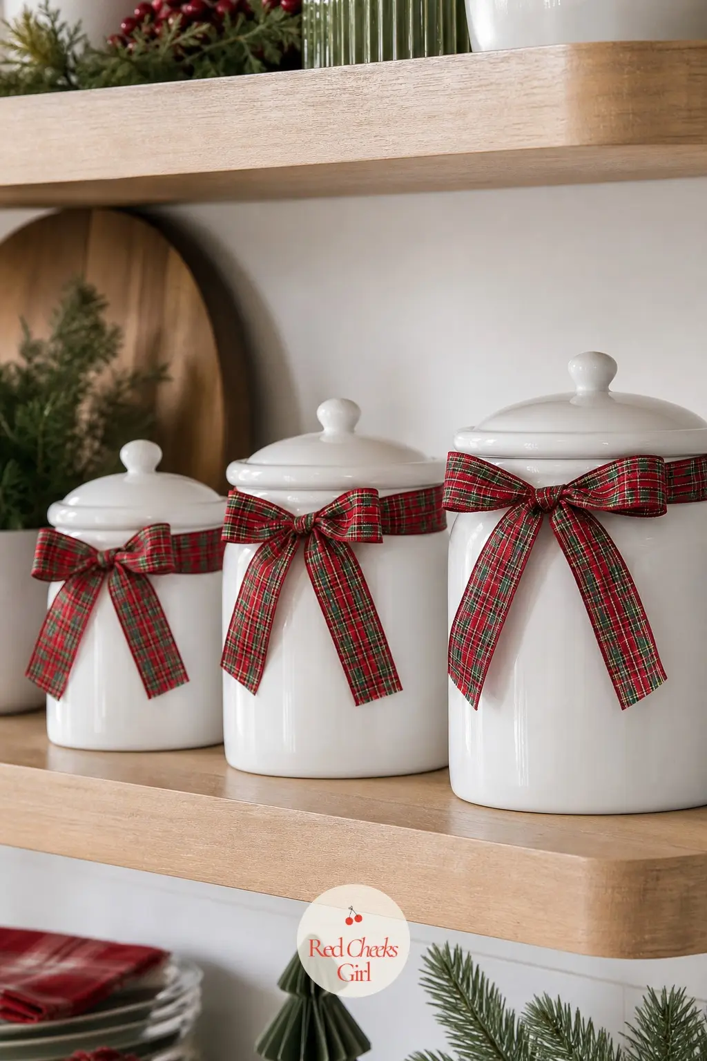 A Wooden Open Shelf Styled With Graduated Canisters Wrapped in Plaid Ribbon — The flour, sugar and coffee canisters already lined up on the shelf need nothing