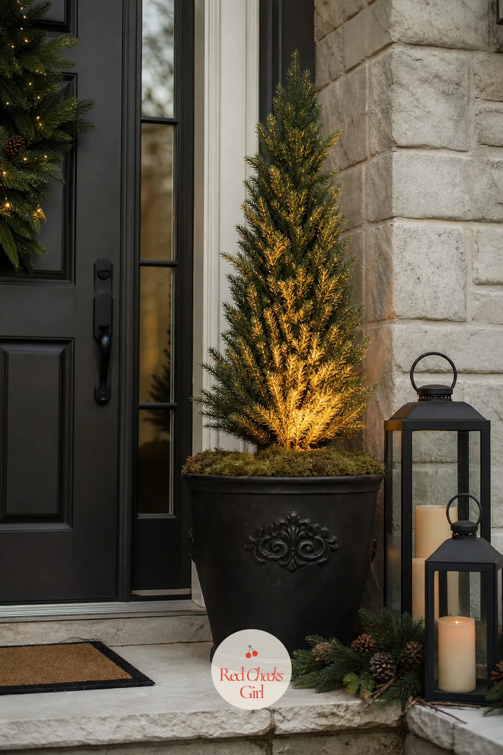 Amber Uplighting on a Topiary or Potted Spruce — Uplighting is the one trick most houses never try, and it is the single cheapest way to make a plain potted