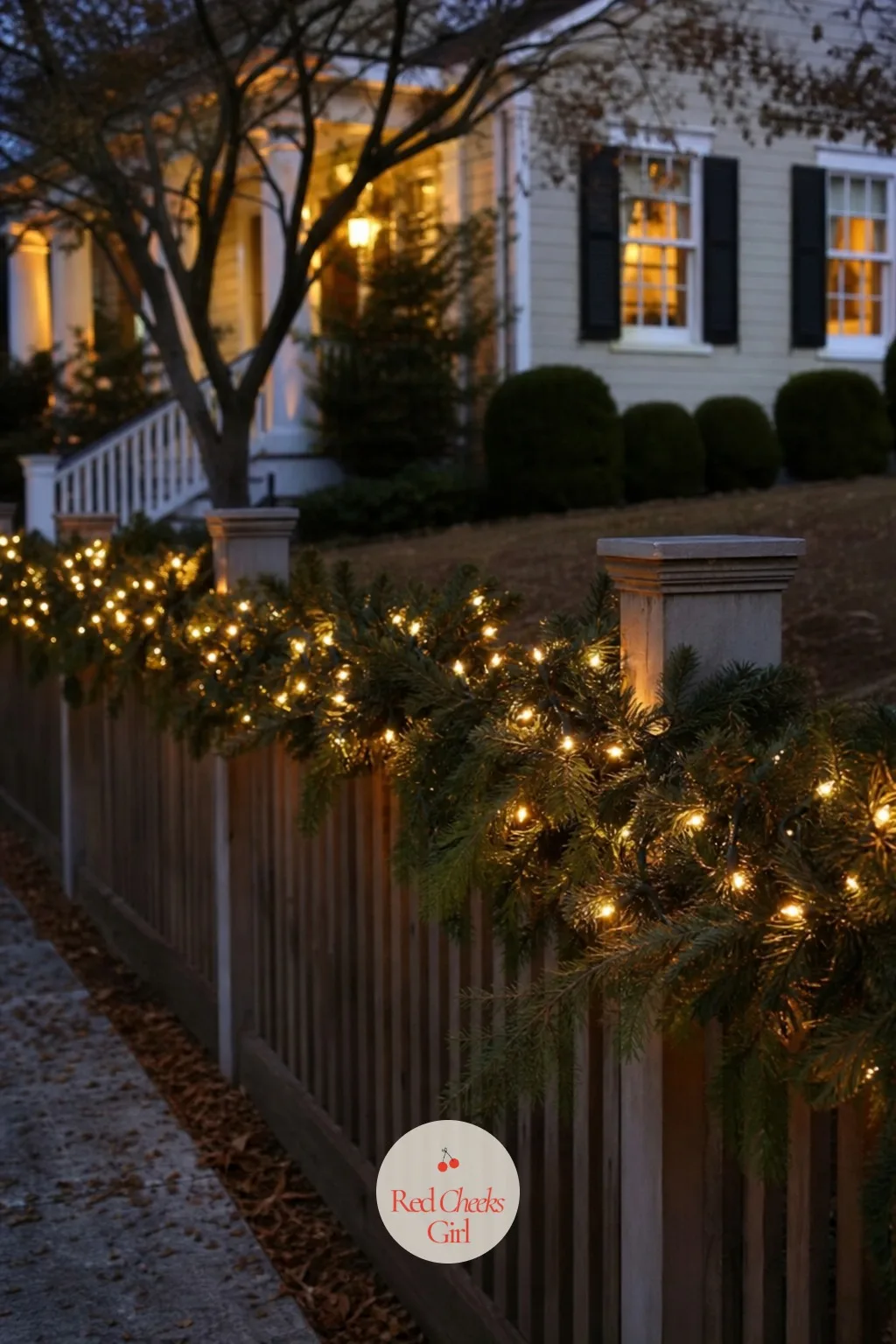 Fence Line Garland Lit in Warm White — A front fence with nothing on it reads as unfinished the moment the rest of the yard lights up for the season. Christmas