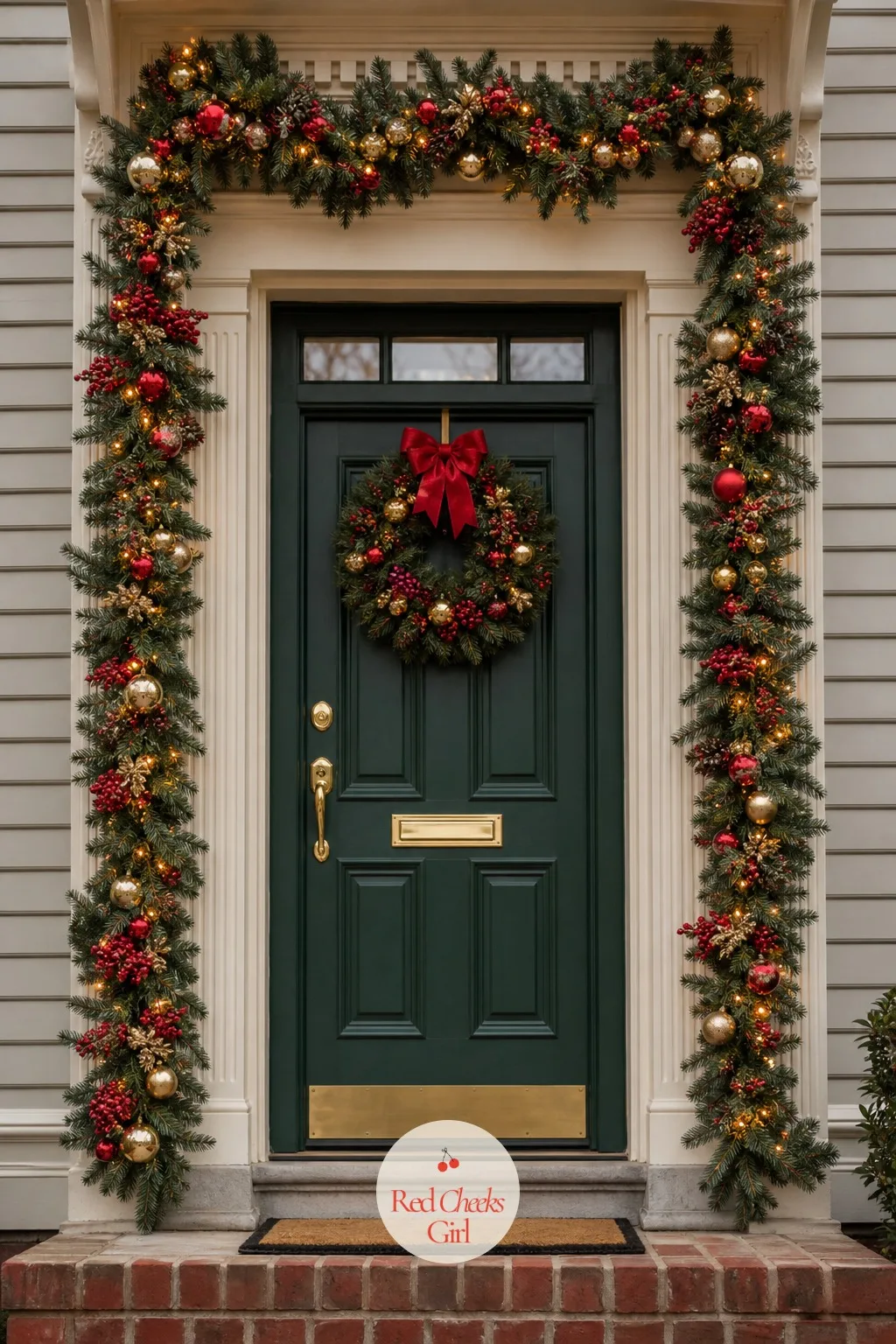Lighted Garland Looped Around the Door Frame — The front door is the one spot every single guest stands in front of before they even ring the bell, so it earns