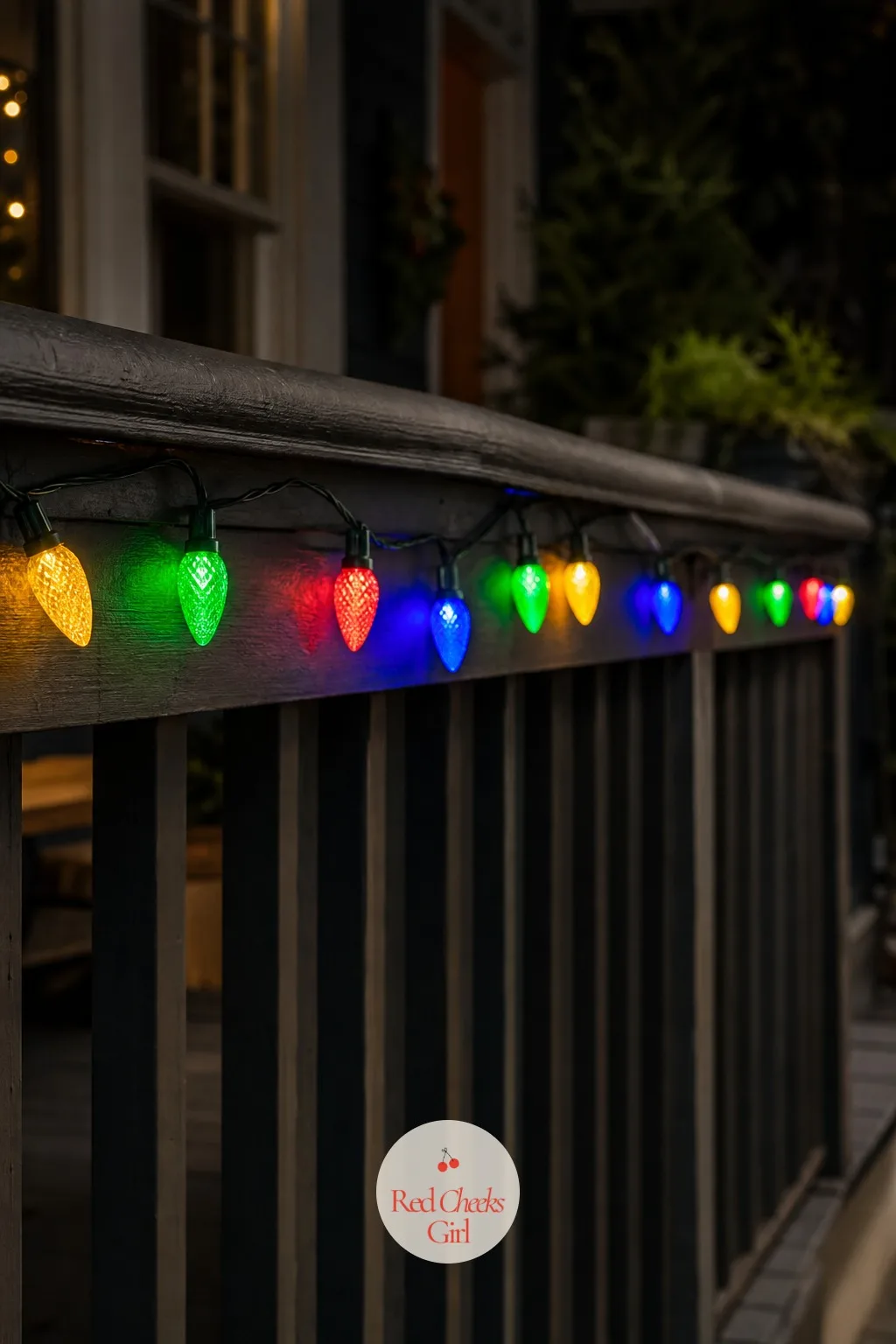 Multicolor C7 Bulbs Along the Porch Railing — The railing is low, easy to reach without a ladder, and exactly where multicolor bulbs look their most nostalgic