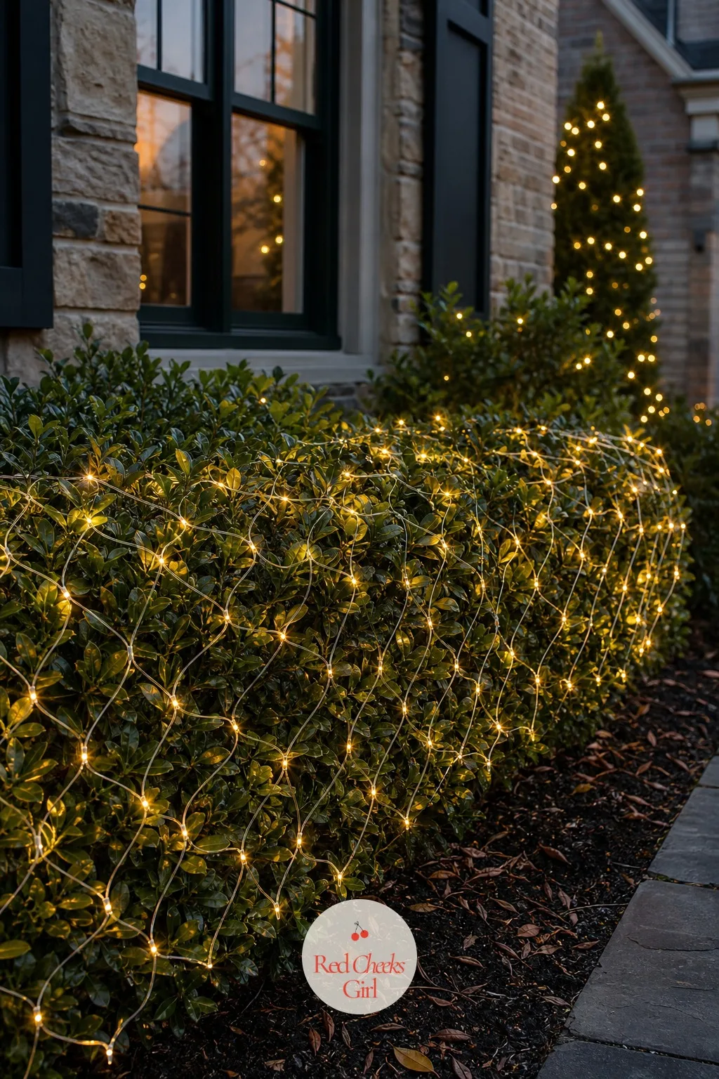 Net Lights Draped Over the Front Hedges — A dark, bare hedge under a lit roofline just looks like a hole in the display. Christmas lights on house exterior