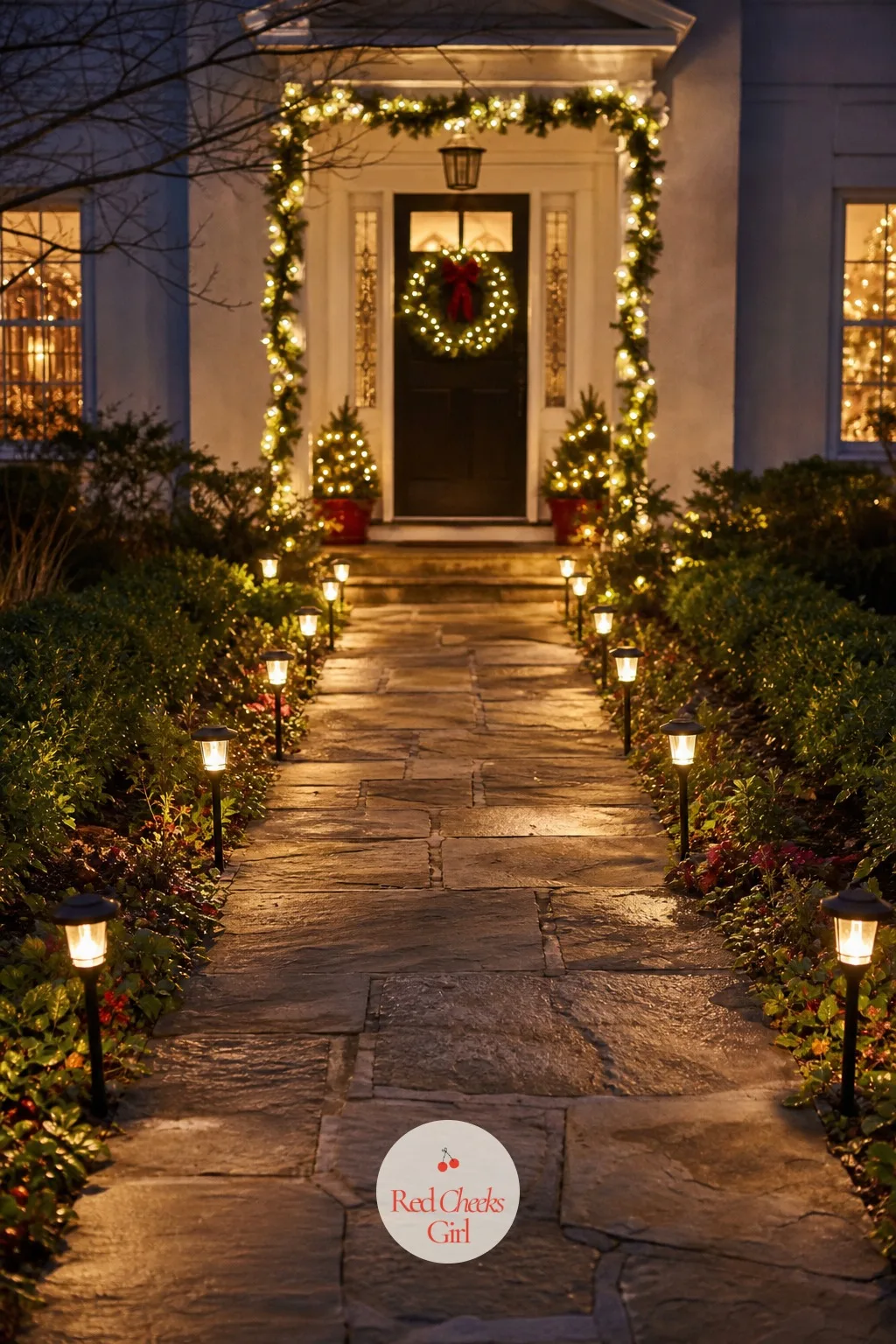 Pathway Light Stakes Lining the Front Walk — Half of a great display never touches the roofline at all, it happens at ankle height where guests are actually