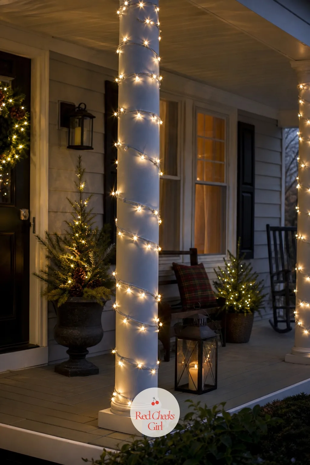 Porch Columns Wrapped in Warm White Fairy Lights — A bare porch column just stands there holding up the roof. Christmas lights on house exterior