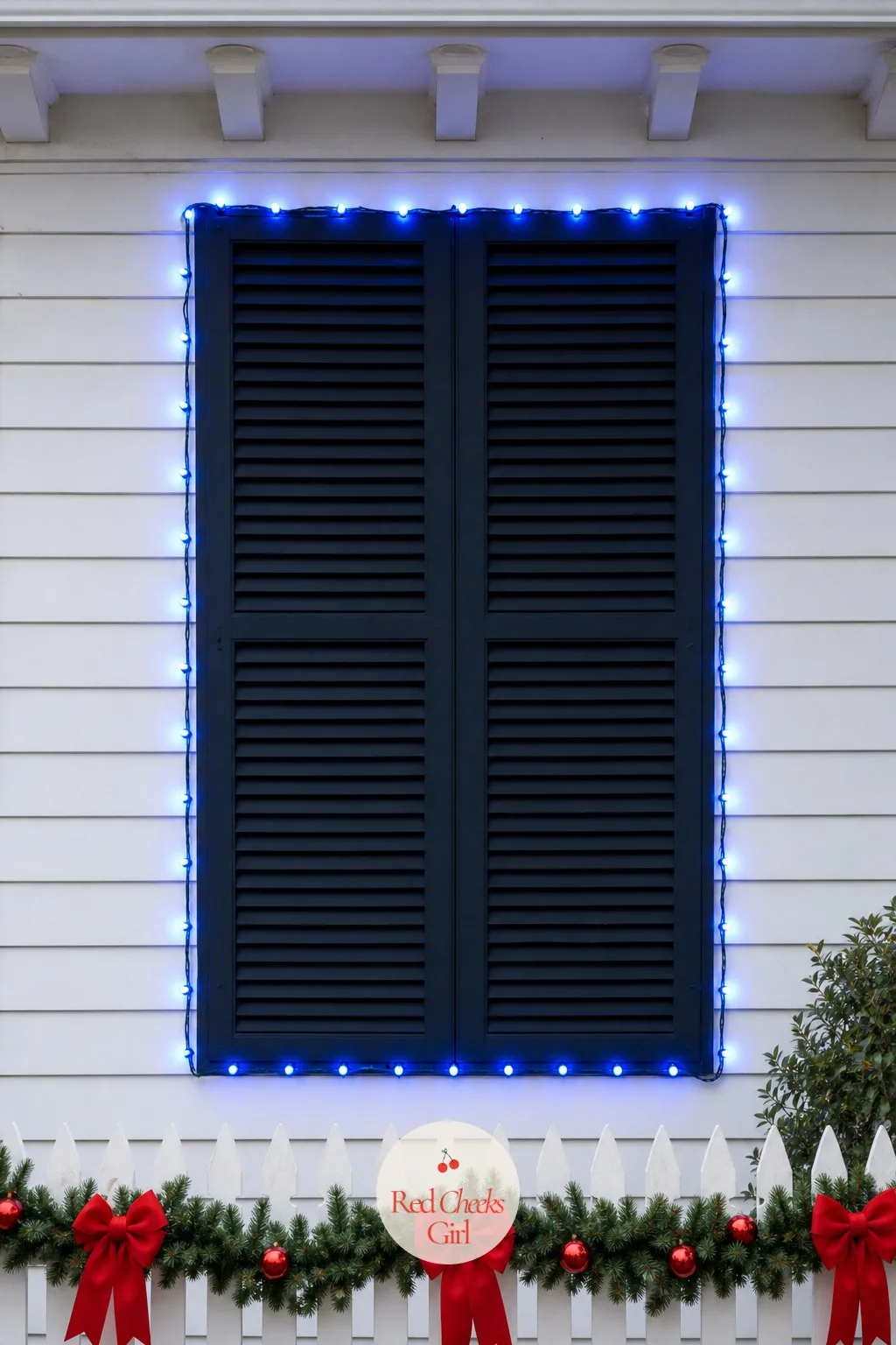 Single-Color Blue Lights Outlining the Shutters — A single cool blue, used only on the shutters and nowhere else, gives the front of the house a small