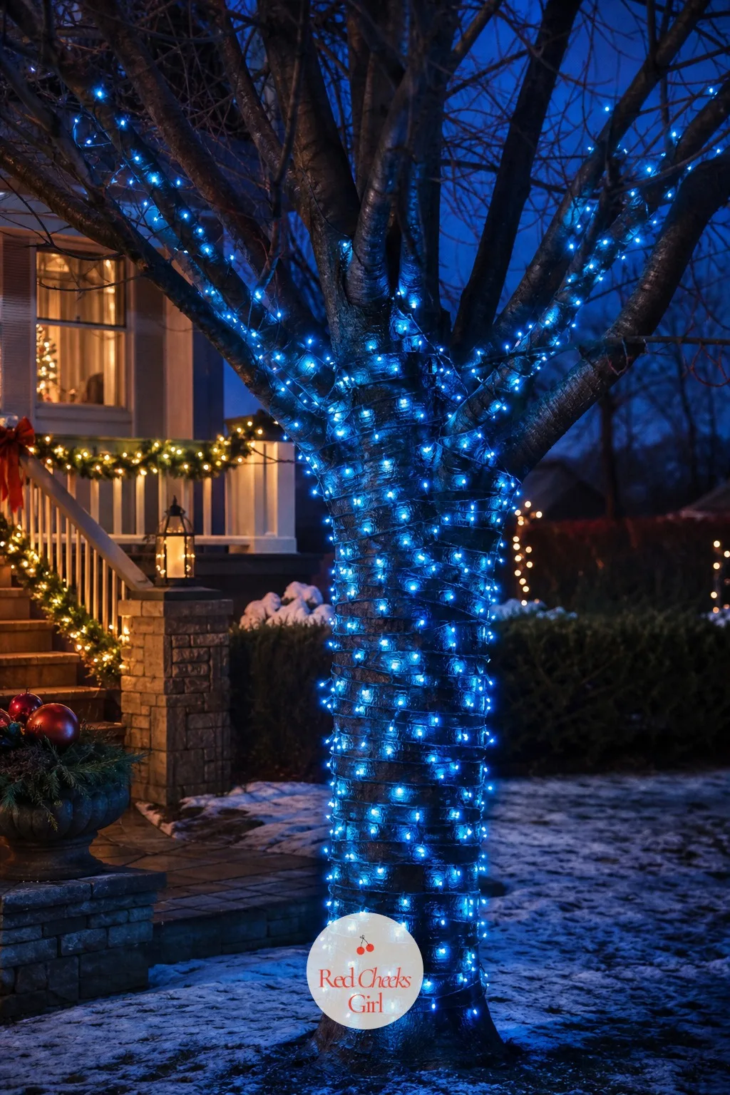 Trunk-Wrapped Trees in Icy Blue — A bare tree trunk in winter is already doing half the work for you: it just needs a spiral of light to turn it into the thing