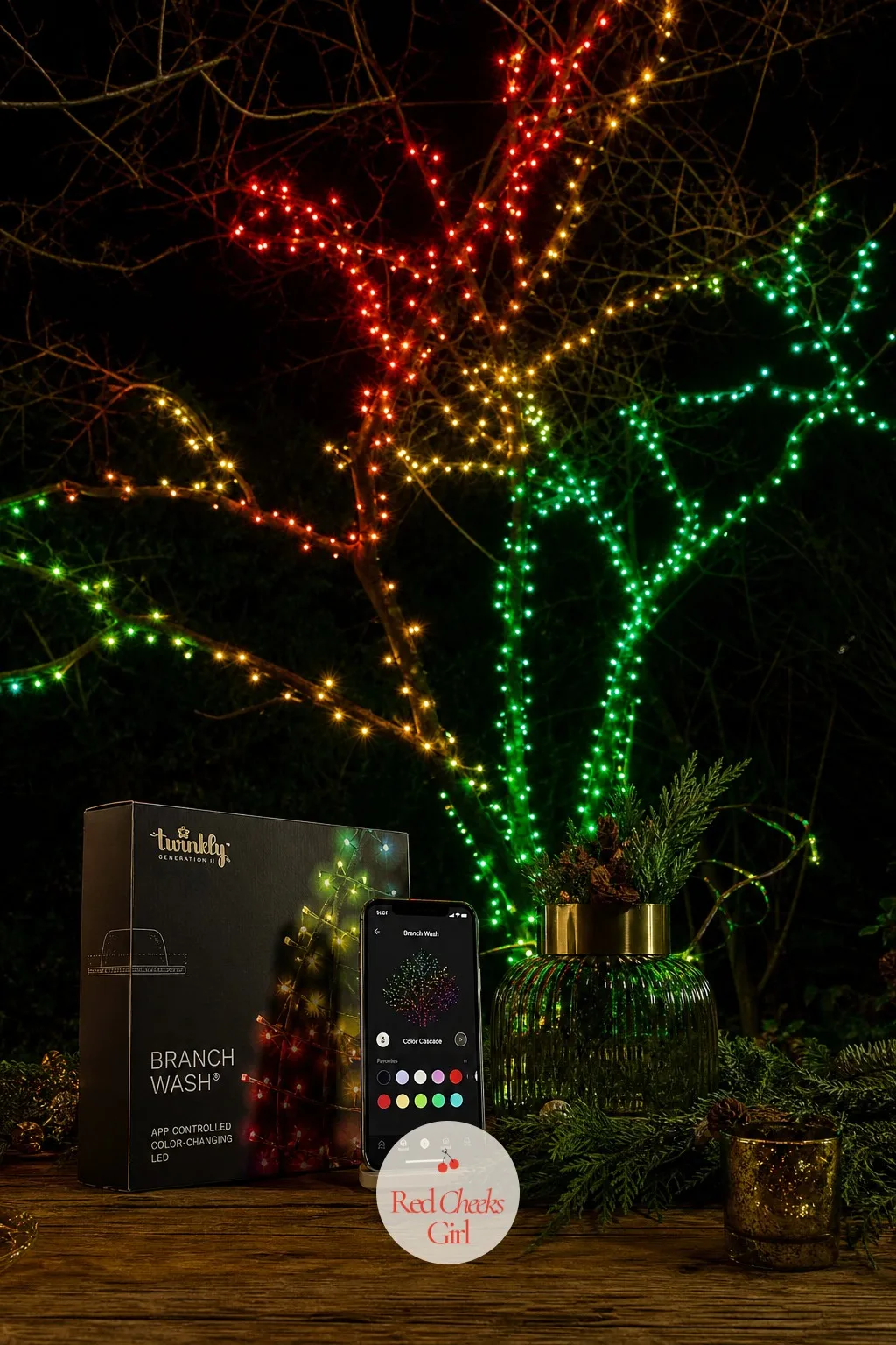 Color-Changing App-Controlled Branch Wash — Every other night, a steady warm glow is exactly right. Christmas lights outdoor trees