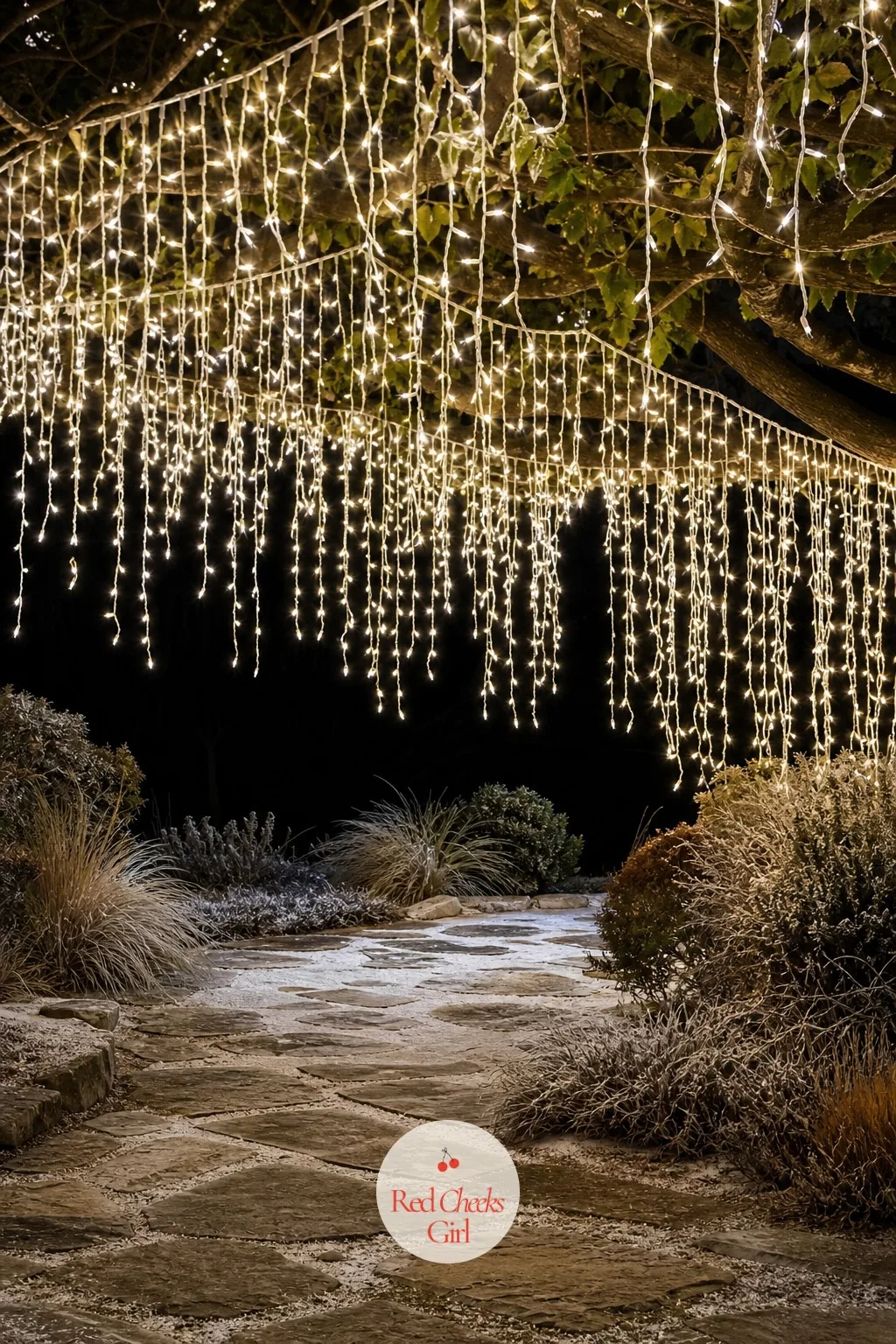 Icicle Cascade From The Canopy Edge — The drama of icicle lights along a roofline is lovely, but not everyone wants to be on a roof in December. Christmas