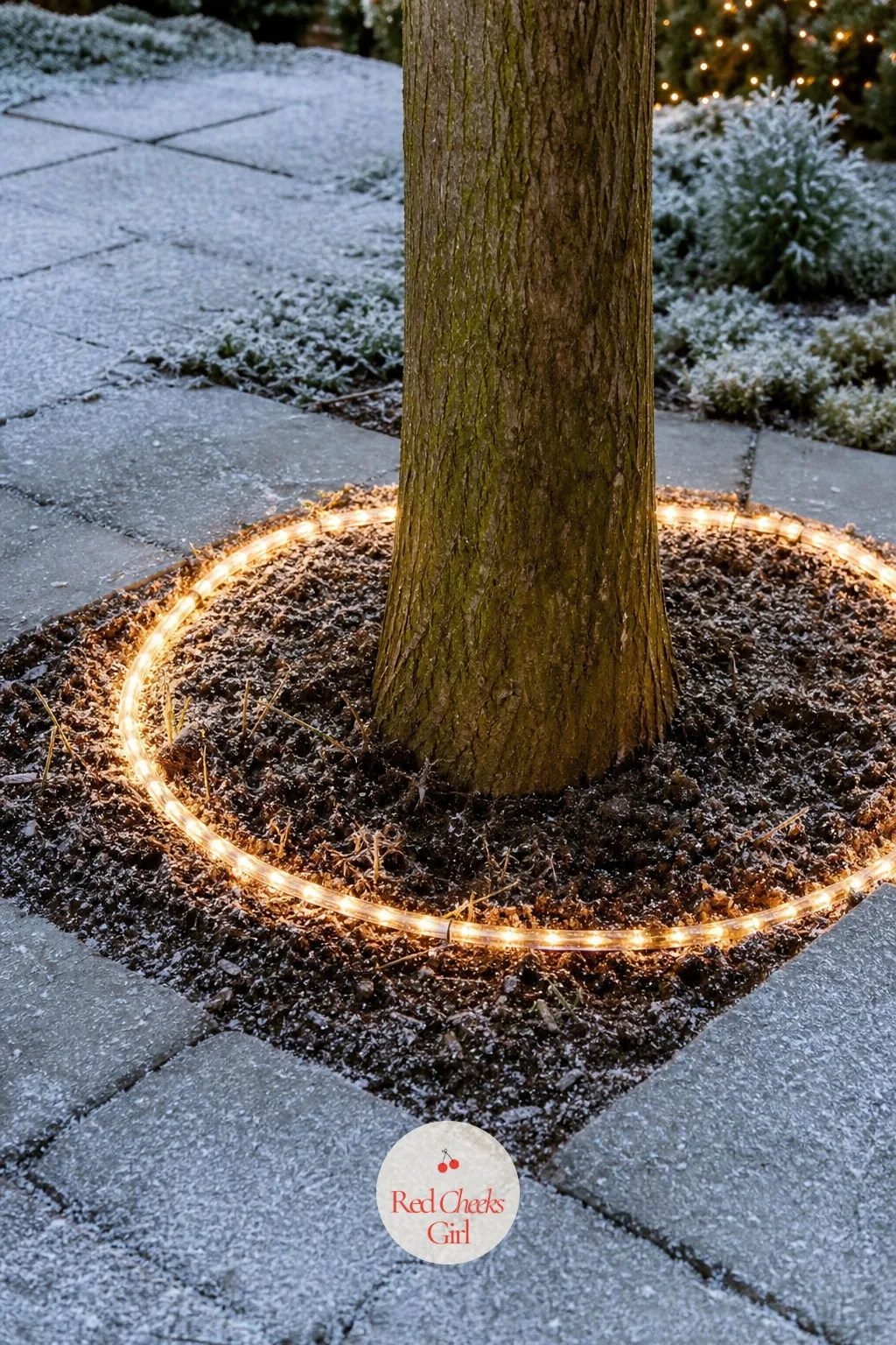 Lit Trunk Collar At The Base — A trunk wrap that just stops abruptly at ground level looks unfinished, like the job ran out of light before it ran out of tree.