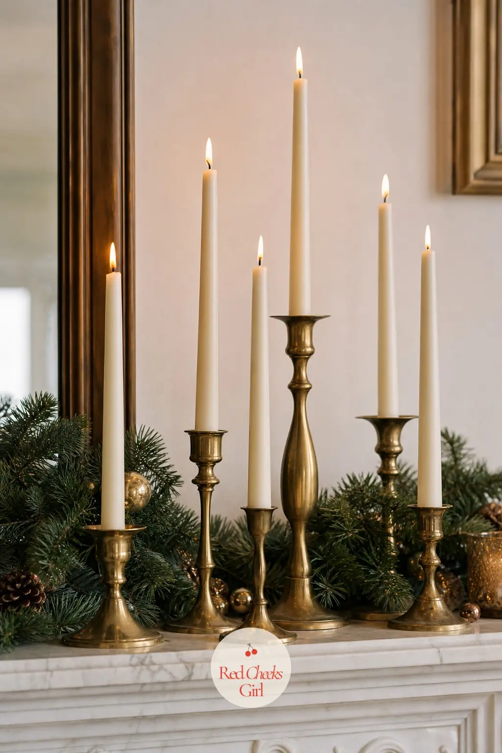 A Cluster of Graduated Taper Candles in Mismatched Brass Holders — Mismatched brass holders from a charity shop look better together than a matching set, as