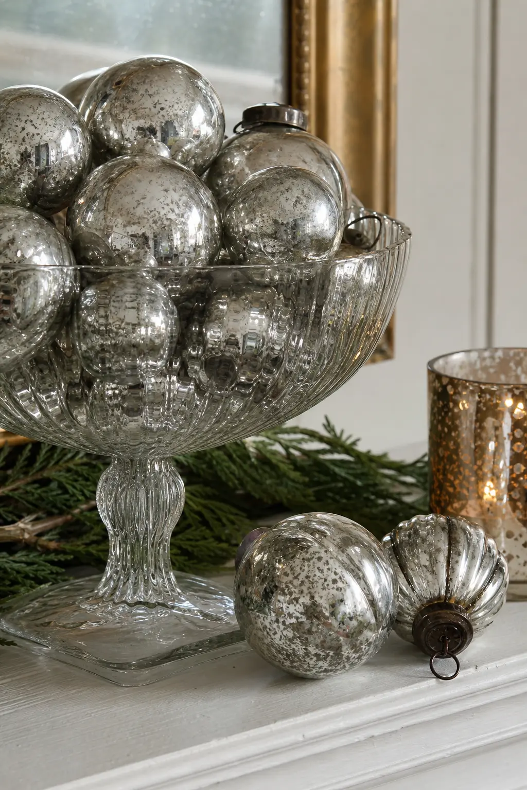 A Collection of Mercury Glass Ornaments Spilling From a Compote — A wide glass or silver compote filled with mercury glass balls, with a few spilling loose